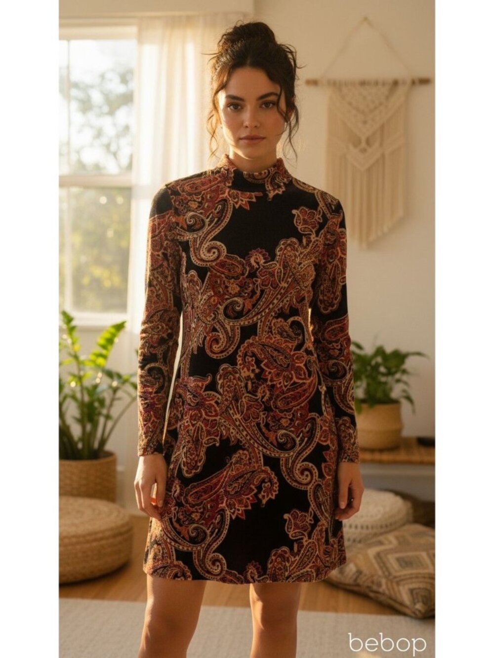 Bebop Velvet Paisley Long Sleeve Mock Neck Mini Dress  70s  Bohemian Hippie - Picture 8 of 11